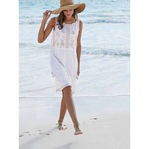 J. Jill White Embroidered Sleeveless Tassel Drawstring Waist Knit Dress Medium